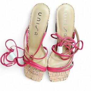 Unisa Pink Lace Up Cork Heel Sandals Size 8.5
